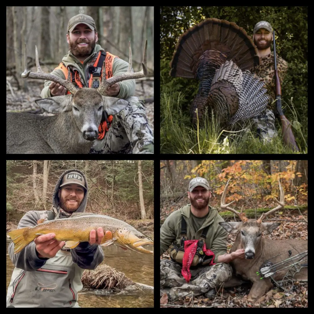 Four hunters proudly display their game in a forest setting.