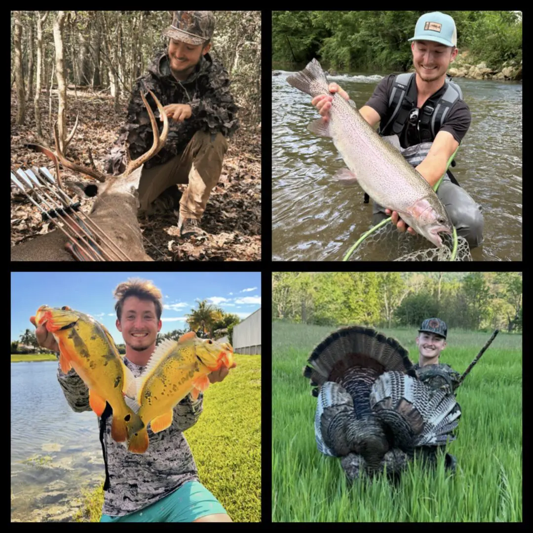 Four photos of men proudly holding large fish they caught.