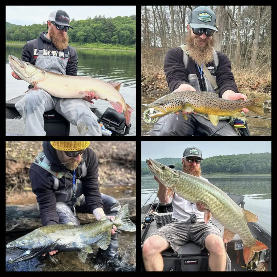 Four photos of a fisherman proudly holding large fish caught in different outdoor settings.