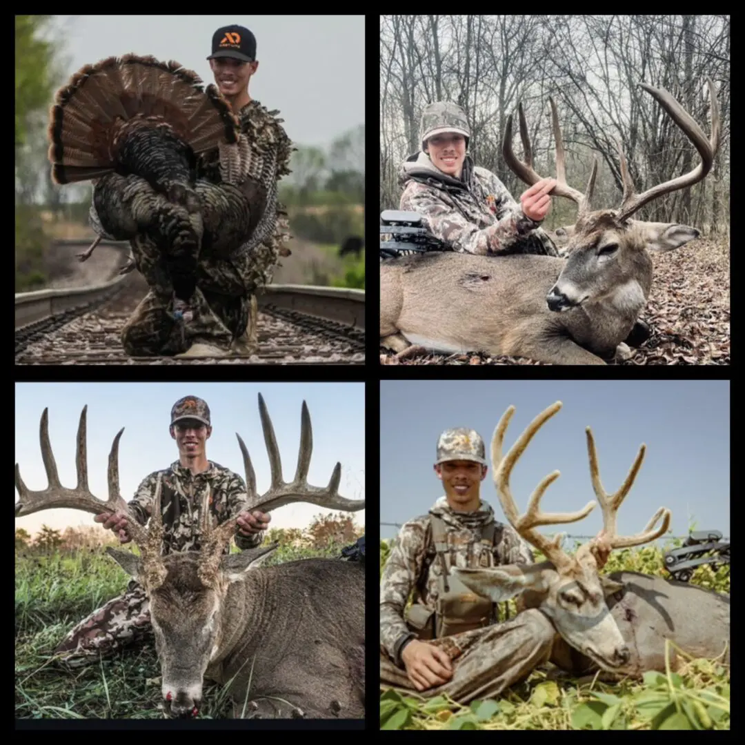Hunters proudly pose with large game trophies in outdoor settings.