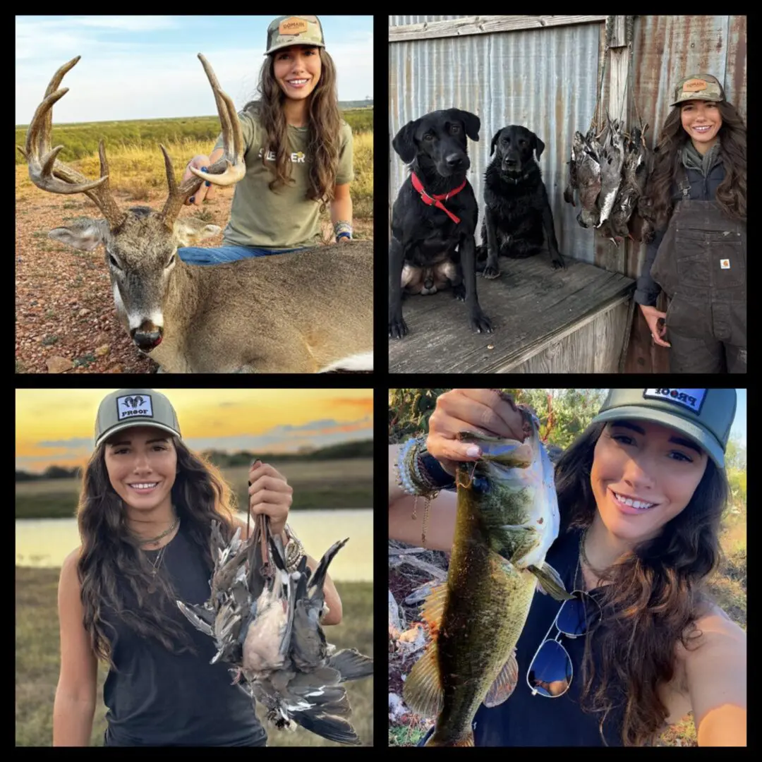 A woman showcasing her hunting trophies and dogs in outdoor settings.