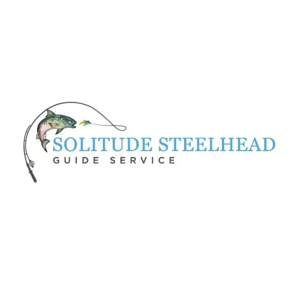 Logo of Solitude Steelhead Guide Service with a fish and fishing line.