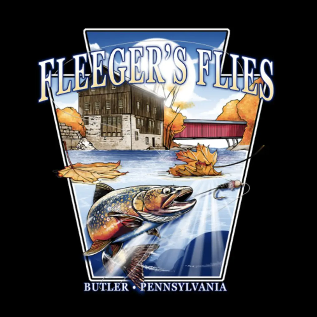 Logo of Flegger's Flies featuring a trout and fishing scene.