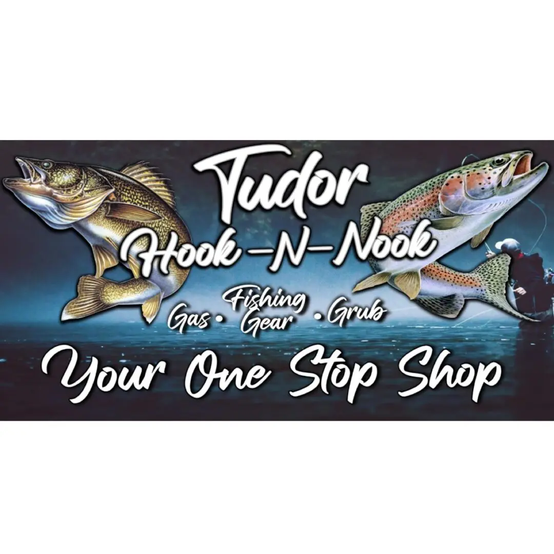 Logo for Tudor Hook-N-Nook fishing shop with fish and fishing hooks.