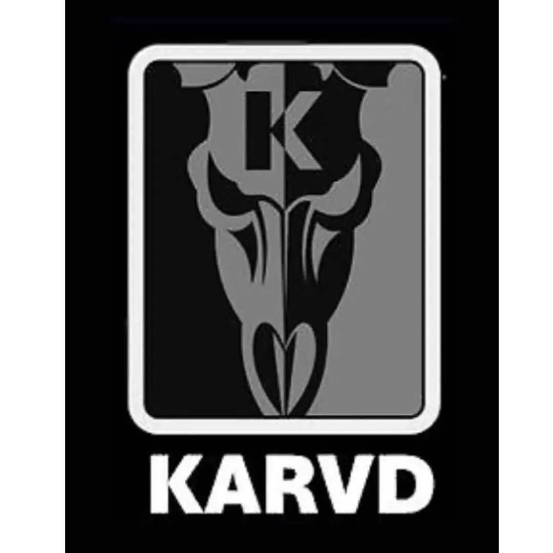 Black and white logo with a stylized bull skull and the text KARVD.