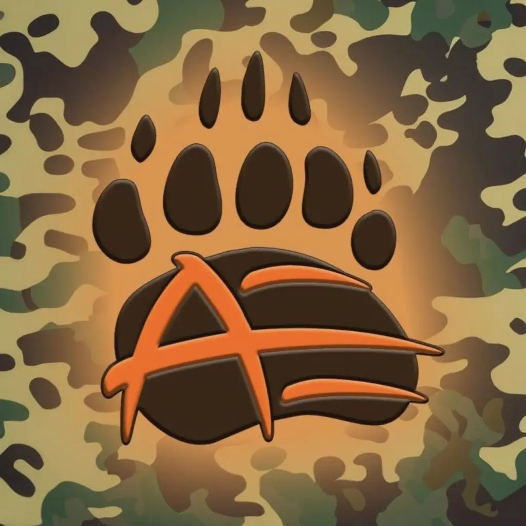 A bear paw print with stylized orange letters 'AF' on a camouflage background.