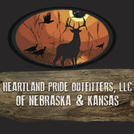 Logo featuring a deer silhouette against an orange sunset with text for Heartland Pride Outfitters.