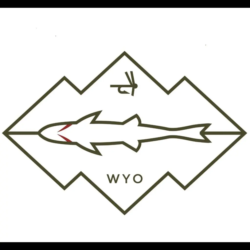 Minimalist logo with a fish and mountain outline, labeled 'WYO'.