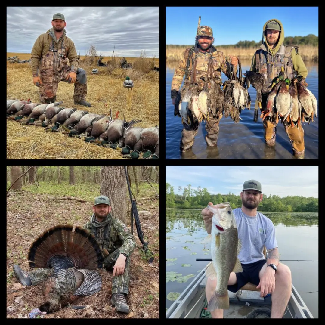 Four images showing hunters with their duck and turkey kills.