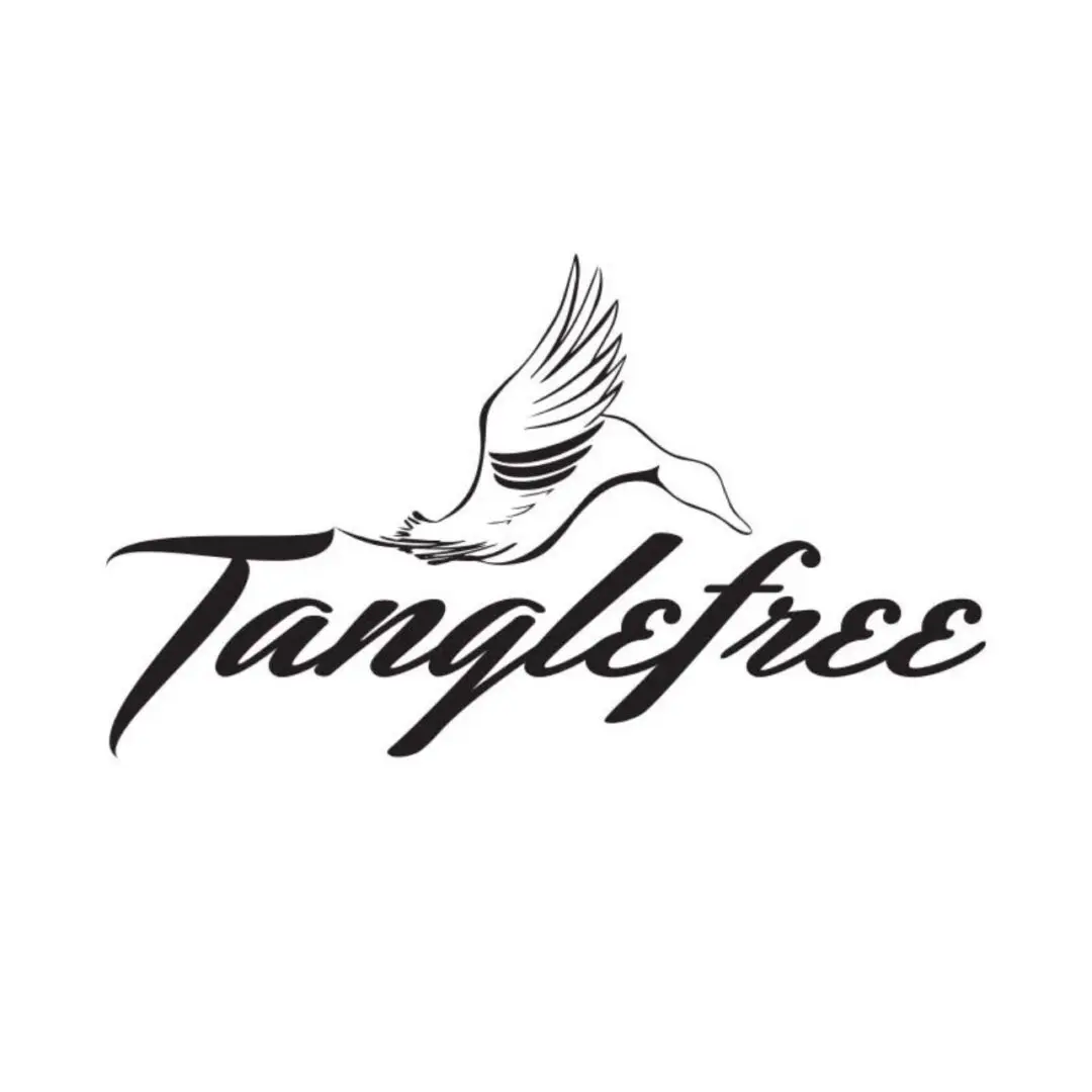 Logo with the word 'Tanglefree' and a stylized feather above it.