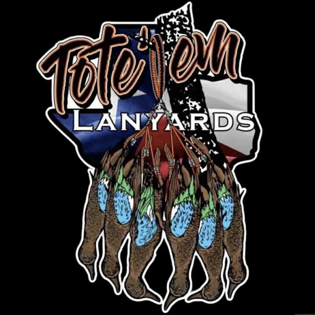 Artistic design of feathers with Texas flag and 'Totem Lanyards' text.