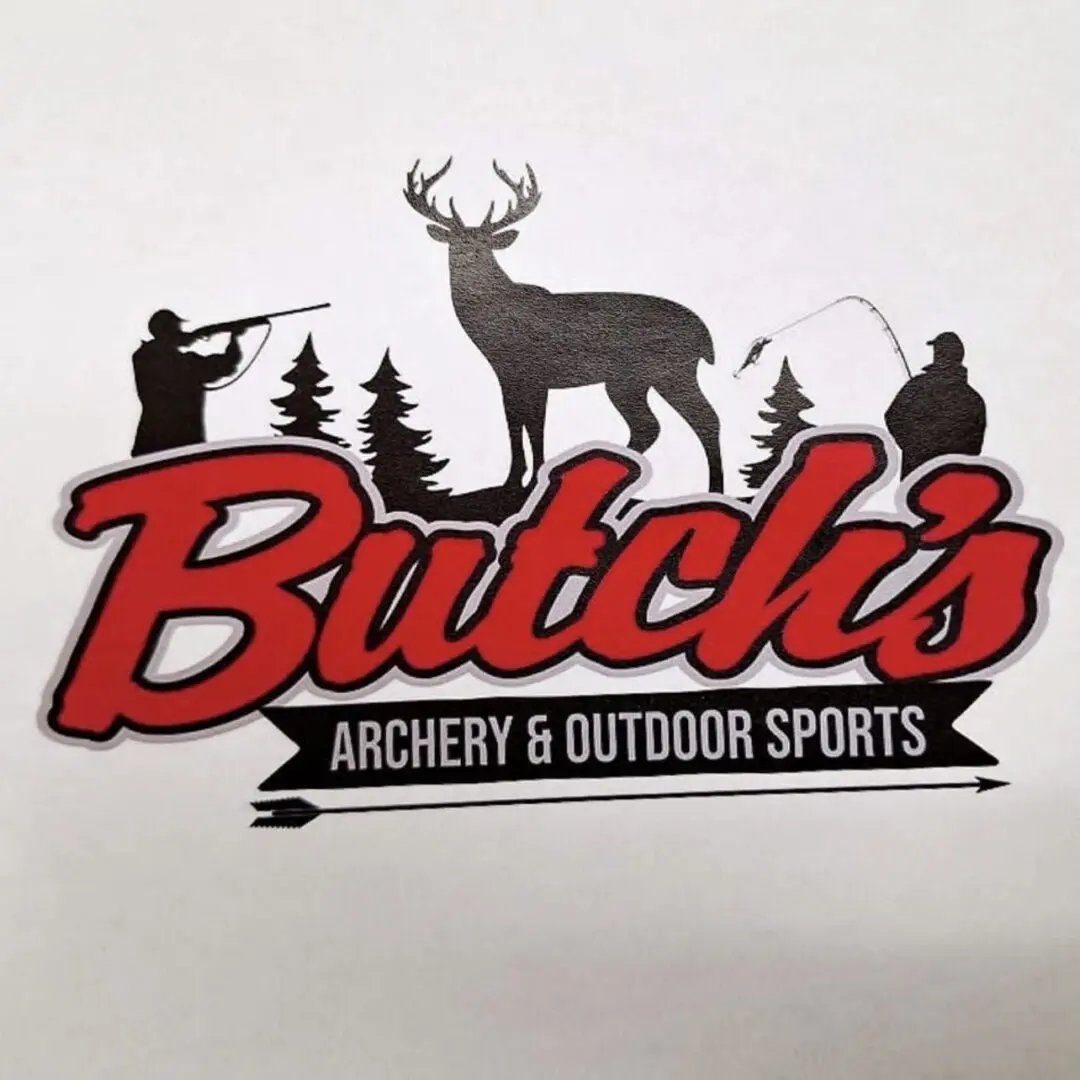 Logo featuring a deer, trees, and archery figures with 'Butch's Archery & Outdoor Sports' text.