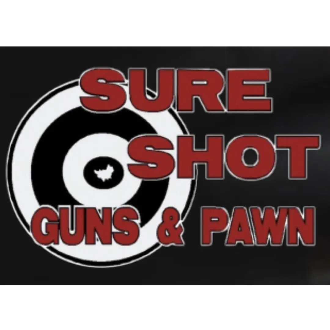Logo for Sure Shot Guns & Pawn with target and bold text.