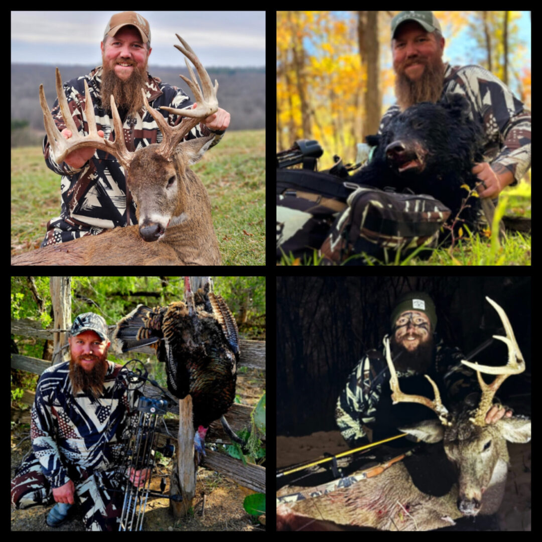 Collage of hunter with deer, boar, and turkey