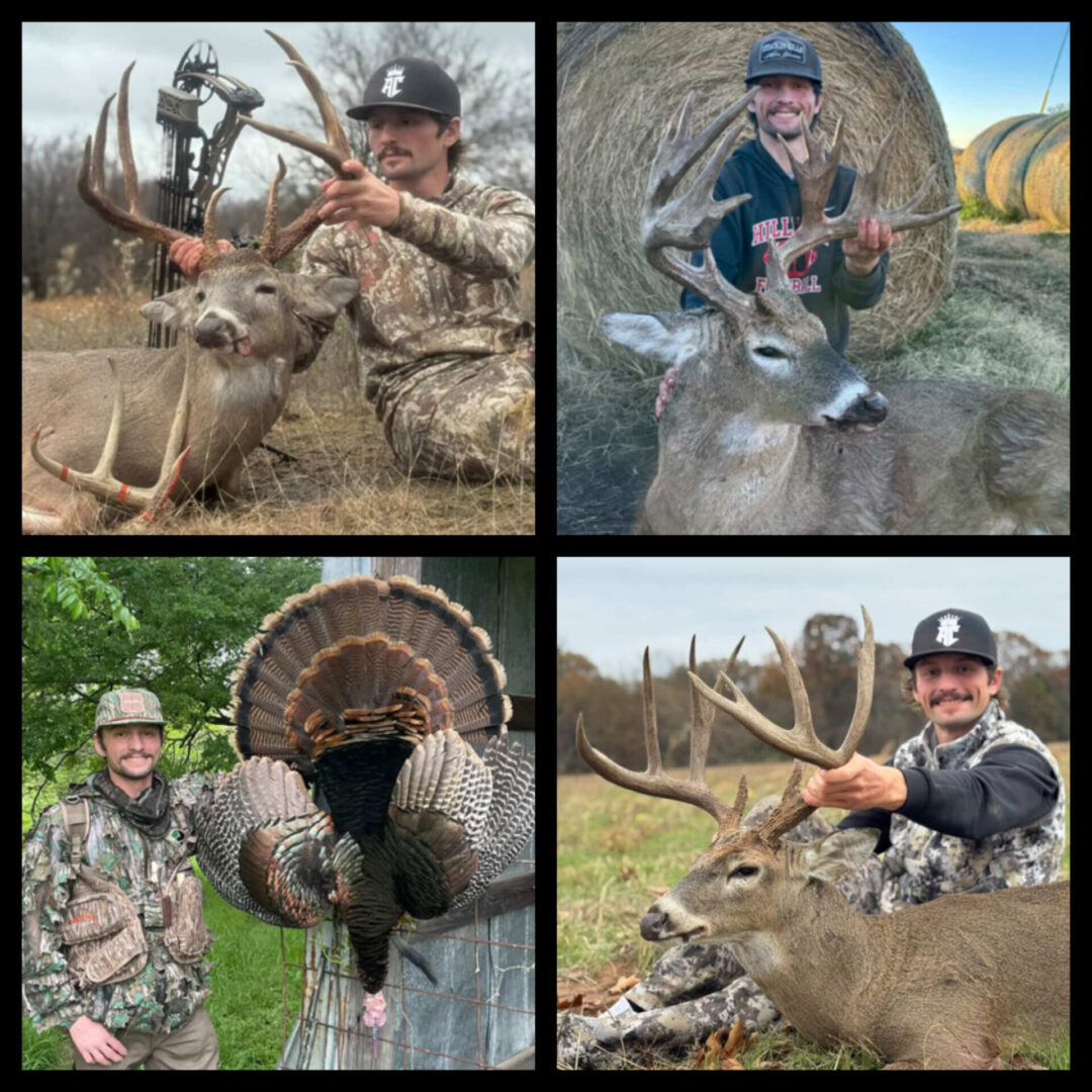 Collage: hunters posing with deer and turkey